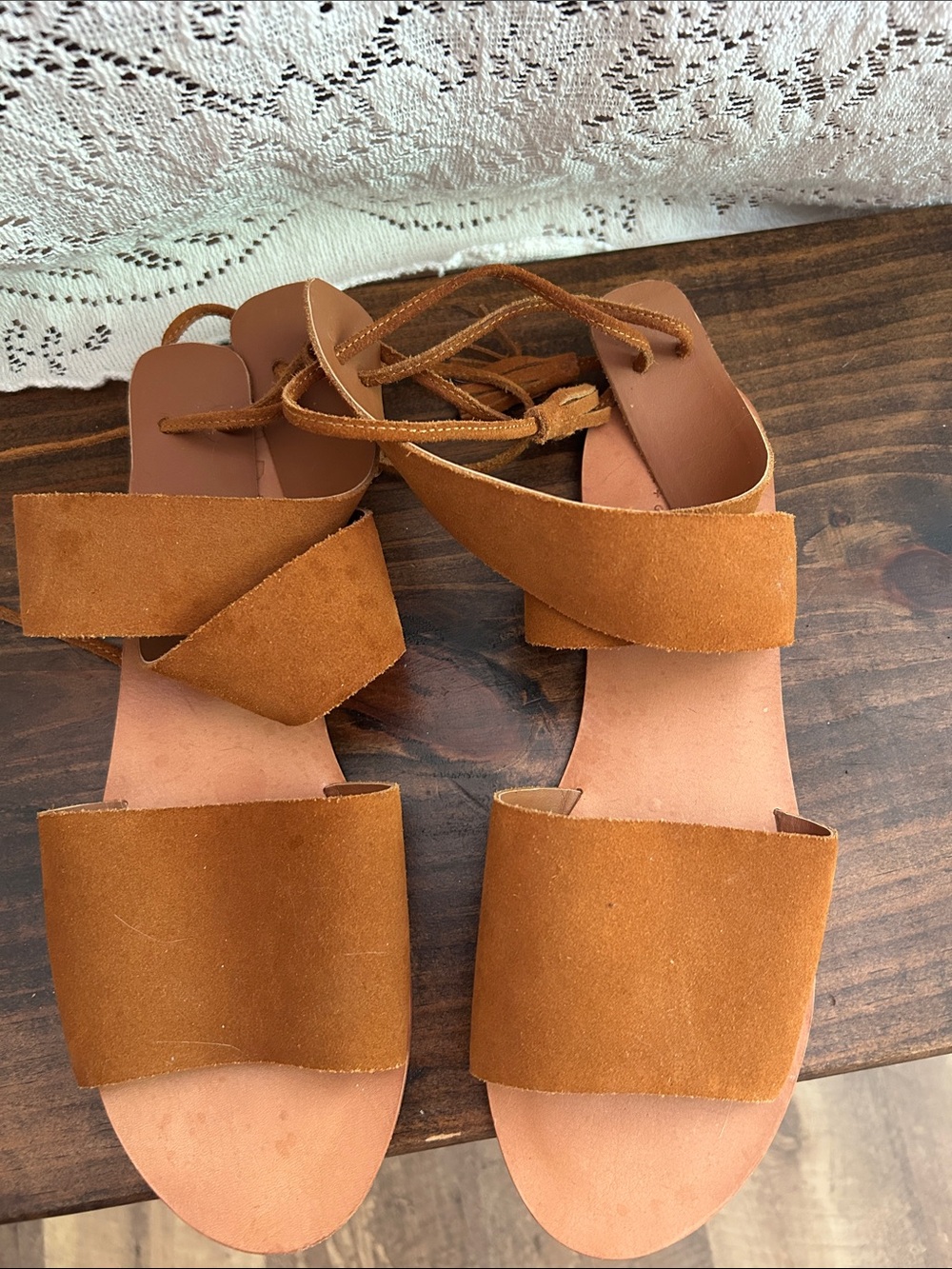 Able Cognac Suede Wrap Lace Sandals